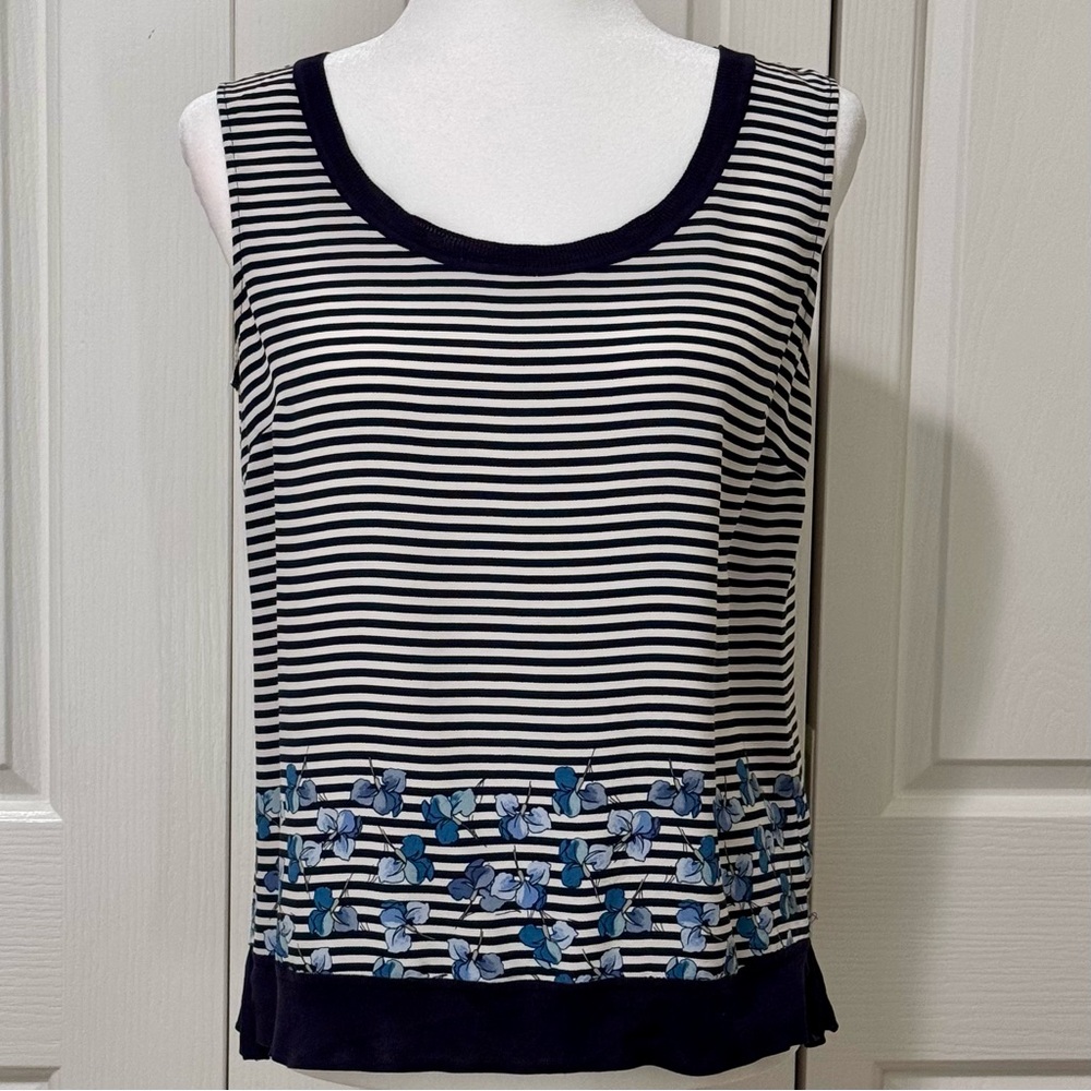 Tory Burch 100% Silk Sleeveless Top Nautical Stripe Floral Pleated Hem 6